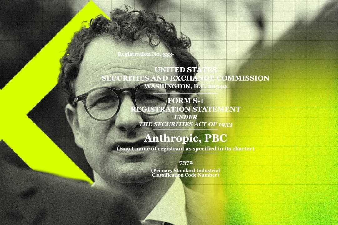A collage shows a black-and-white portrait of a man with glasses over a neon yellow-green background, with overlaid text from an SEC Form S-1 registration statement reading "Anthropic, PBC" and SIC code 7372.