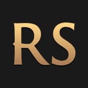 The image presents a striking contrast of gold and black. Dominating the center of the image is the word "RS", rendered in a serif font. The letters are a rich shade of gold, standing out vividly against the black background. The letters are slightly tilted to the right, adding a dynamic element to the composition. The
