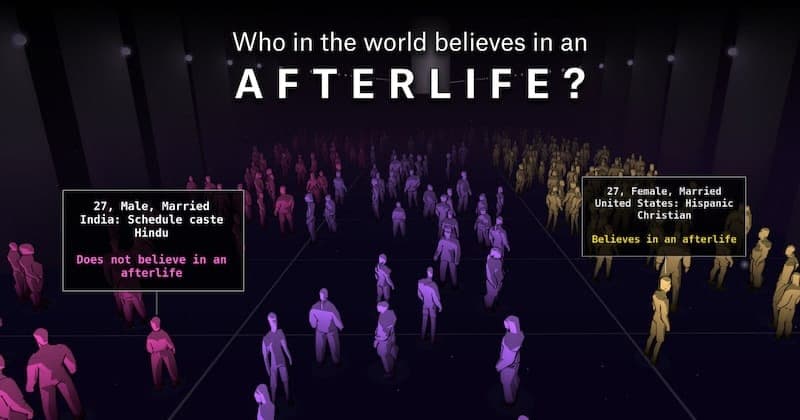 The image presents a digital illustration of a crowd of people, each with a unique color and a label indicating their religious affiliation. The crowd is arranged in a grid-like pattern, with the majority of the people wearing pink and purple clothing. The background is a dark purple or black color. The text "Who in th