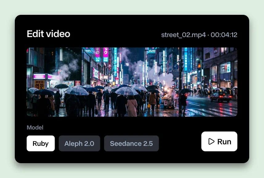 The image shows a video editing interface with a video playing in the background. The video is titled "street 02.mp4" and has a duration of 00:04:12. The interface features a black background with white text and buttons. On the left side, there are three buttons labeled "Ruby", "Aleph 2.0", and "Seedance 2.5". On the r