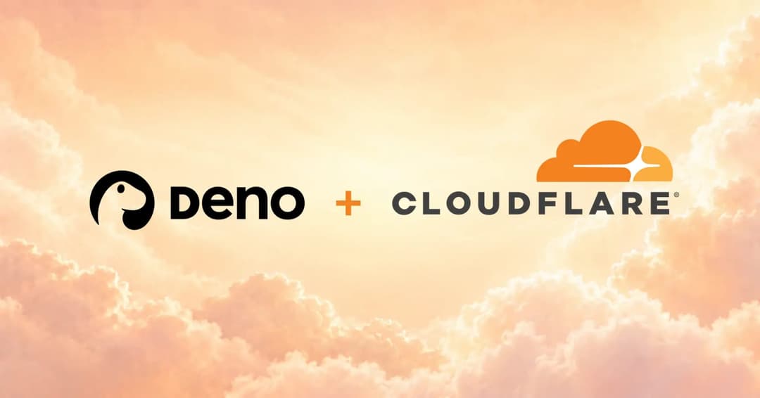 The image presents a logo for a company named "deno" and a company named "CLOUDFLARE". The logo is set against a backdrop of a sky filled with fluffy white clouds, creating a sense of depth and dimension. The logo for "deno" is a black silhouette of a dog's head, and the logo for "CLOUDFLARE" is an orange cloud with a