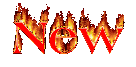 The image presents the word "NOW" in a stylized, fiery font. The letters are rendered in a vibrant shade of red, with the "N" and "W" standing out in a bold, slightly tilted manner. The letters are outlined in a striking black color, creating a stark contrast against the fiery red background. The word is set against a