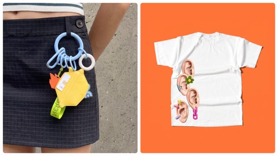 The image is a diptych, divided into two distinct sections. On the left side, a person is wearing a black and white striped shirt and a black skirt with a grid pattern. The person is holding a keychain with a blue ring, a small yellow tag, and a small, possibly plastic, object attached to it. On the right side, a white