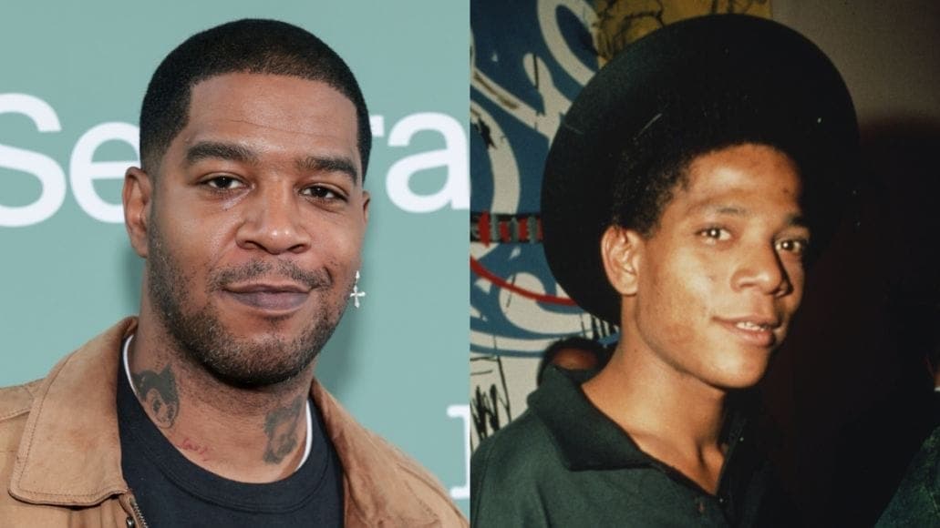The image presents a split-screen portrait of two men, each with distinct appearances. On the left, a man with short, dark hair and a beard is wearing a tan or beige jacket over a black t-shirt. He has a tattoo on his neck and a cross earring in his left ear. On the right, a man with dark hair and a wide-brimmed black