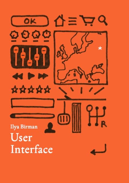 The image presents a vibrant orange background with a black and white illustration of a user interface. The illustration features a central square containing a map of Europe, with a star-like symbol in the top right corner. The map is surrounded by various icons and text elements, including a "OK" button, a house icon,