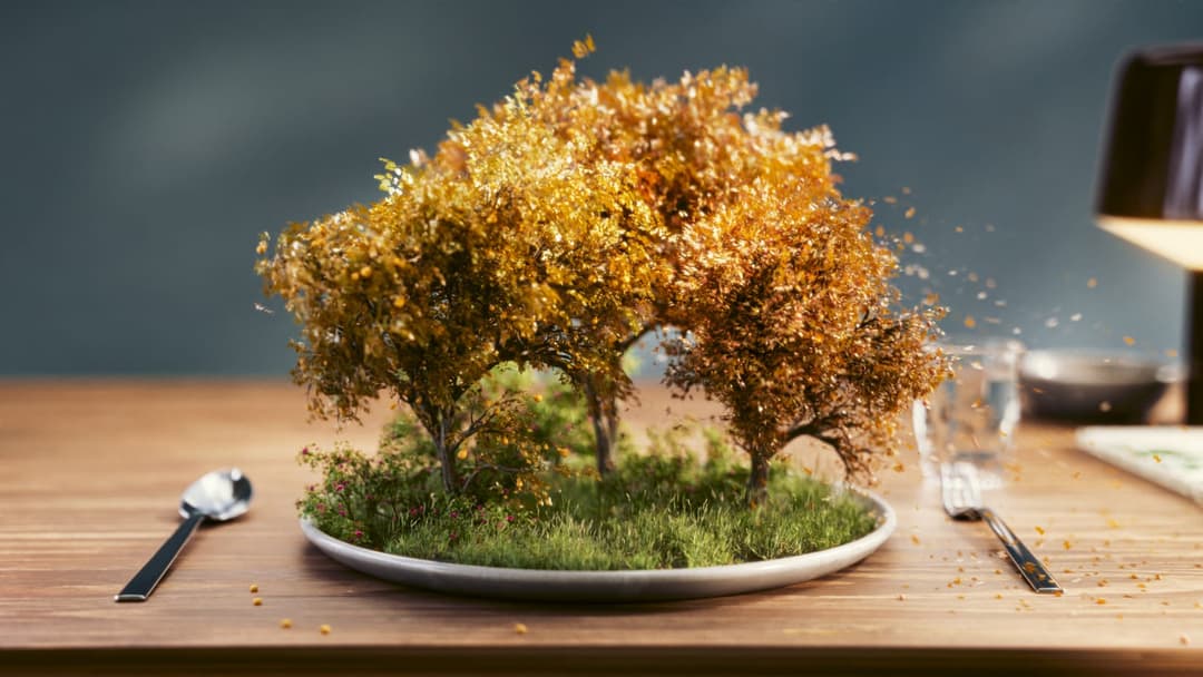 The image depicts a small, meticulously crafted miniature tree arrangement on a round, silver plate. The tree, composed of small, golden-brown leaves, stands out against the dark brown wooden table. The tree is surrounded by a small patch of green grass, creating a miniature garden. Two silver forks and a silver spoon
