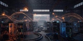 The image depicts a large industrial warehouse with a high ceiling and a metal framework structure. The warehouse is filled with rows of dark gray or black servers, each with a network of orange and blue cables connecting them. The servers are arranged in a somewhat linear fashion, with a central aisle that leads to a