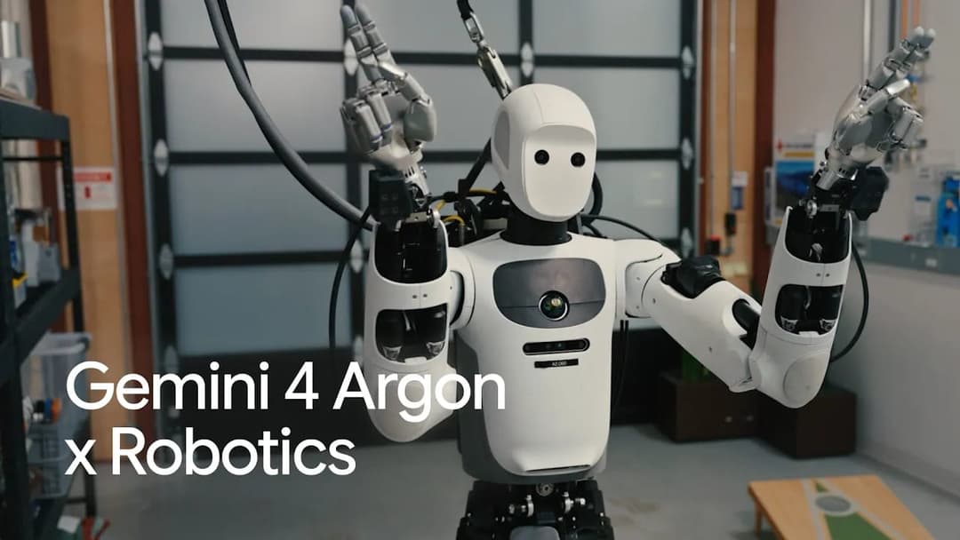 The image shows a white and gray robot with a black head and arms, standing in a garage. The robot's arms are raised, and it has a black camera on its head. The robot is wearing a gray and white suit and is connected to a network of black cables. The garage features a large, dark-colored garage door and a wooden shelf