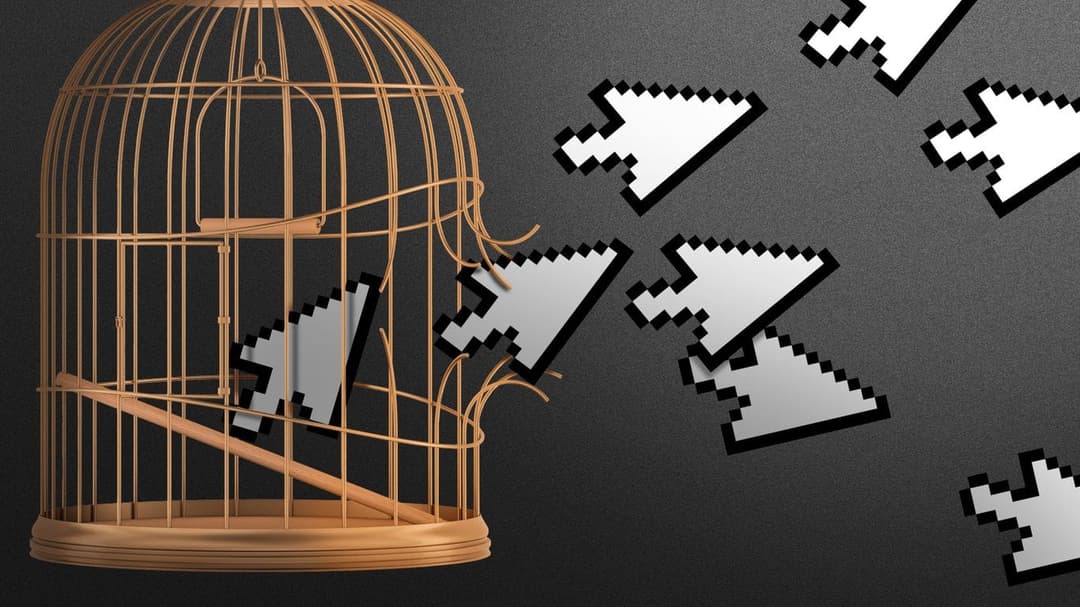 The image presents a light brown birdcage with a wooden perch and a wire mesh interior. The cage is slightly tilted to the left. Inside the cage, a gray cursor cursor is depicted in a white, pixelated style, seemingly attempting to break through the bars of the cage. The cursor is shown in a dynamic, breaking motion, w