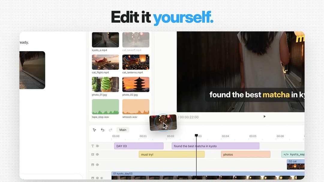 The image shows a video editing interface with a title bar that reads "Edit it yourself." The interface is divided into two sections. On the left, there is a preview of a video, with a preview window containing a photo of a person walking on a sidewalk. On the right, there is a video editing interface with a timeline t