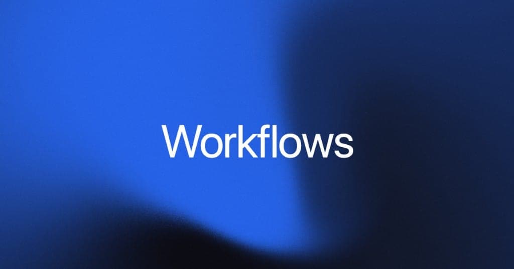 The image presents a digital design or graphic design concept, with the word "Workflows" written in white text against a gradient background. The background transitions from a deep blue at the top to a dark blue/black at the bottom, creating a sense of depth and movement. The word "Workflows" is centrally positioned, d