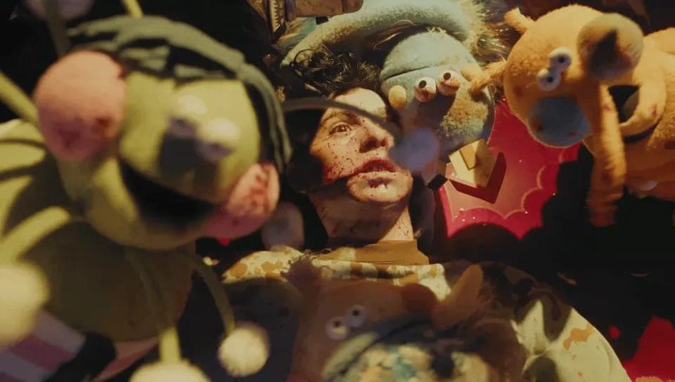 The image shows a person lying on their back, surrounded by a collection of stuffed animals. The person's face is covered in red paint, and their eyes are open, looking upwards. The stuffed animals include a green alien-like creature with a pink nose, a blue creature with large eyes, and a brown creature with large eye