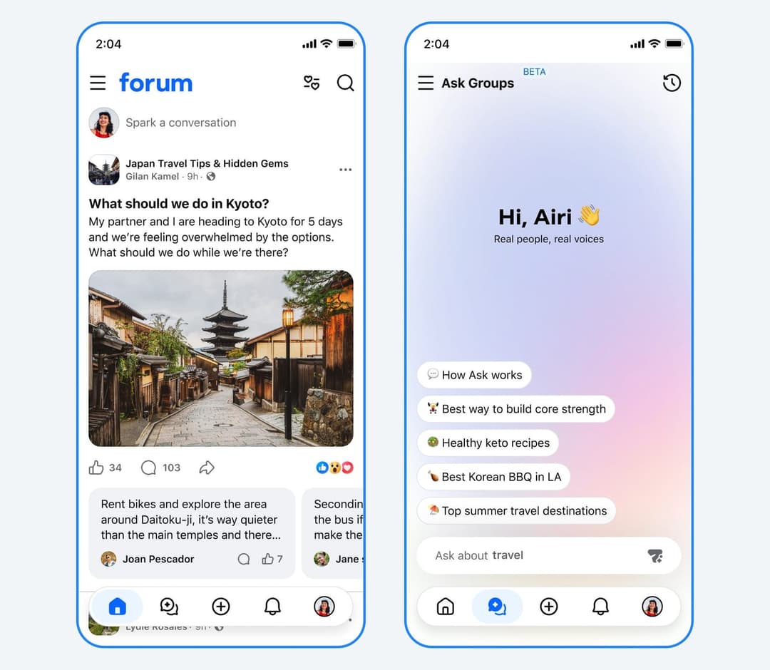 The image shows two smartphone screens displaying a conversation on a forum called "forum". The first screen shows a post from the user "Gilan Kameel" with the title "What should we do in Kyoto?". The post has received 34 likes and 103 comments. The second screen shows a reply from the user "Airi", with the title "Hi,