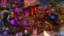 The image depicts a vibrant miniature cityscape, possibly a model or diorama, with a large building in the center. The building is adorned with a variety of colorful lights, including purple, blue, and pink, and features a tall chimney. The cityscape is surrounded by a dark, possibly black, ground, and includes a few s
