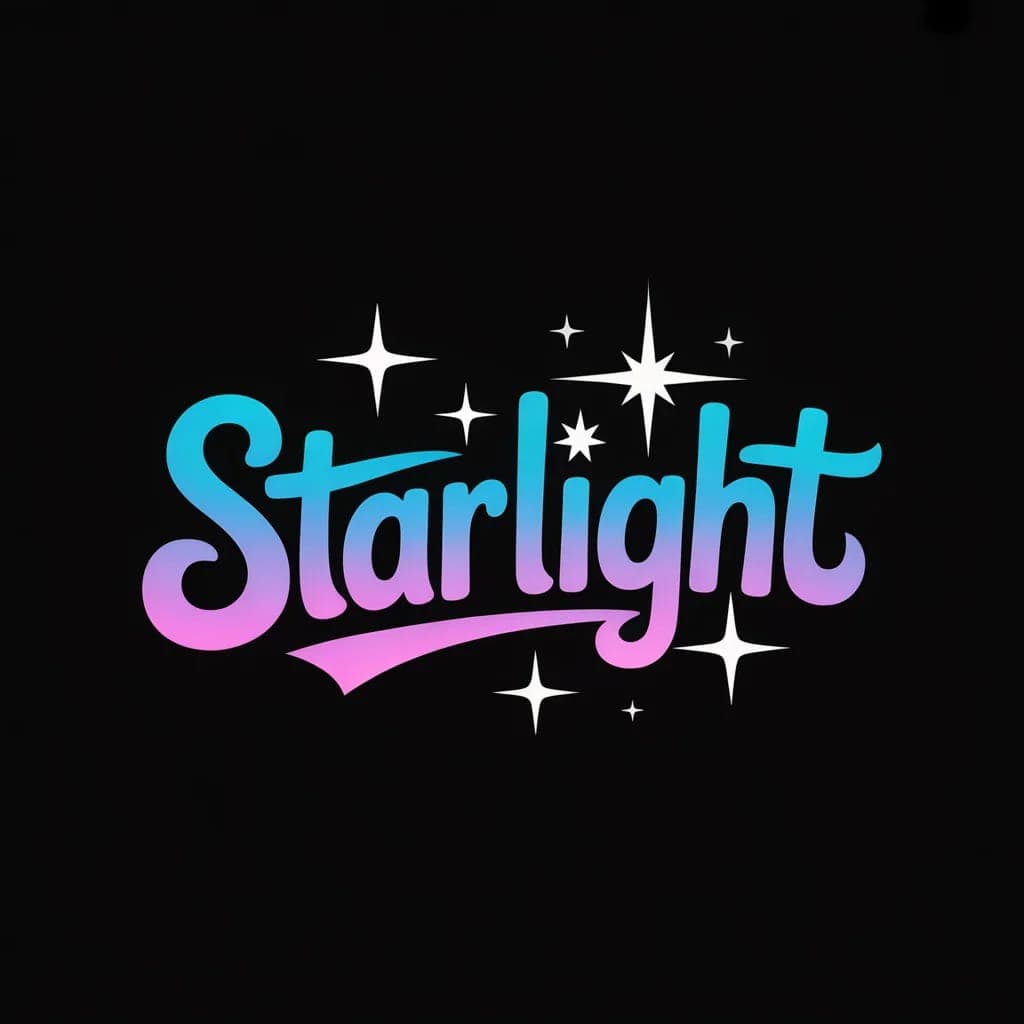 The image presents a logo for a company named "Starlight". The logo is designed in a playful, stylized font with a gradient effect that transitions from blue to pink. The word "Starlight" is prominently displayed in the center of the logo, with the letters "S" and "L" in blue and "A" and "R" in pink. The letters are ou