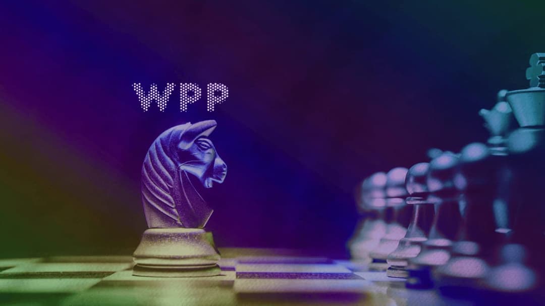 A knight chess piece stands on a chessboard in the foreground, with the text "WPP" in dotted white letters above it, against a purple and green gradient with blurred chess pieces on the right.
