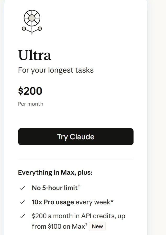 A pricing card for the "Ultra" plan, described as "For your longest tasks" and priced at "$200 Per month", with a "Try Claude" button and a feature list headed "Everything in Max, plus:" that includes "No 5-hour limit", "10x Pro usage every week", and "$200 a month in API credits, up from $100 on Max" with a "New" badg