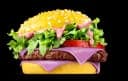 The image presents a vibrant and appetizing burger against a stark black background. The burger is composed of a large yellow sesame seed bun, a juicy beef patty, and a slice of red tomato. The patty is topped with a layer of purple cheese and a pink sauce drizzled over it. The burger is also garnished with fresh green