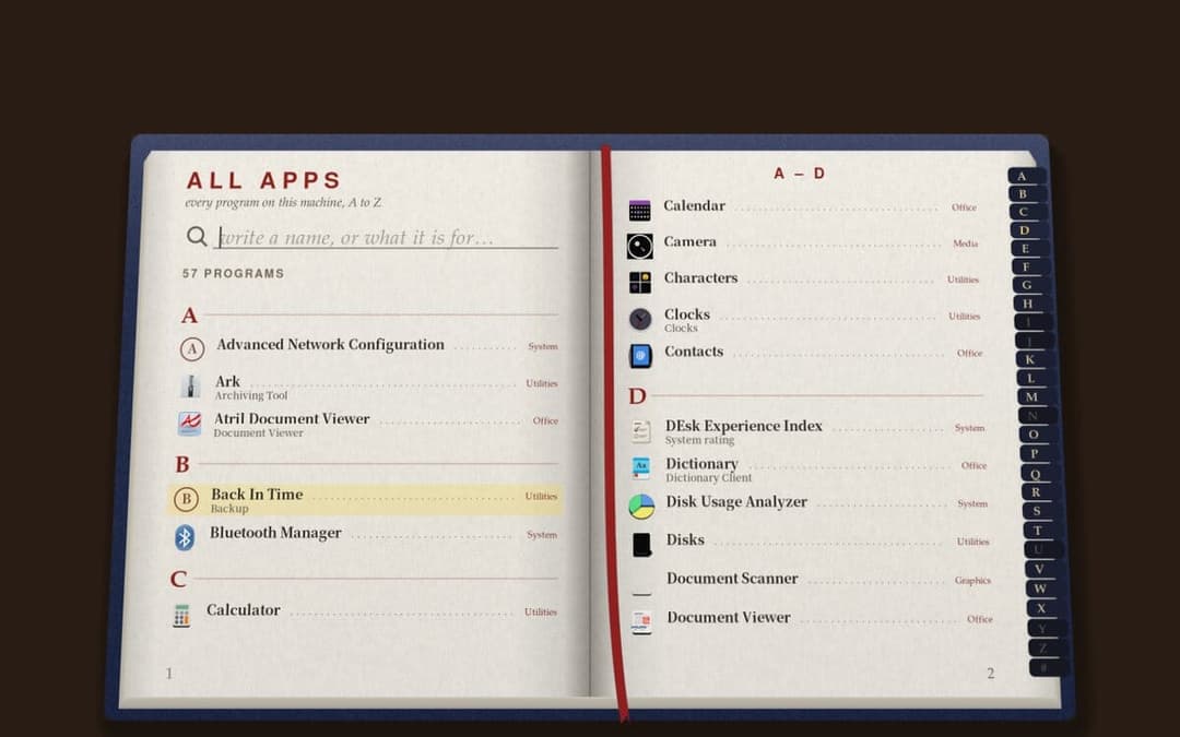 The image shows an open book with a dark blue cover, resting on a dark brown surface. The book is divided into two sections, each labeled with a letter (A-D) and a list of apps. The left section is labeled "ALL APPS" and contains apps such as "Advanced Network Configuration", "Ark Archiving Tool", "Atiri Document Viewe