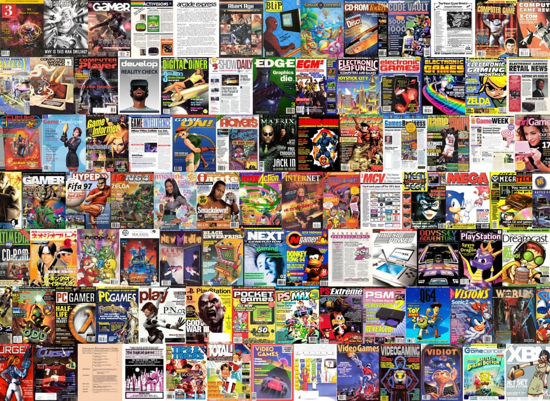 The image presents a vibrant collage of magazine covers, predominantly featuring video game-related content. The collage is a mosaic of various magazine covers, each with its own unique color scheme and theme. The magazines cover a wide range of topics, including computer games, electronic games, and magazines. The col