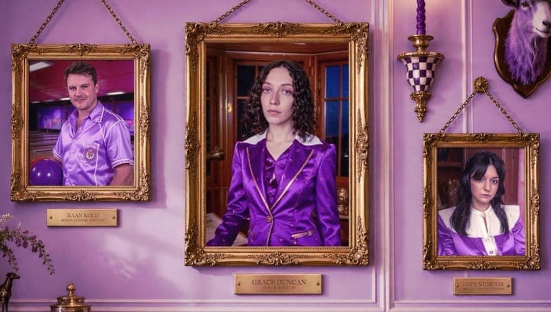 The image shows three framed portraits hanging on a purple wall. The leftmost portrait depicts a man in a purple shirt with a logo, possibly a bowling alley. The center portrait features a woman in a purple suit with a white collar and gold trim, and the rightmost portrait shows a woman in a purple suit with a white co