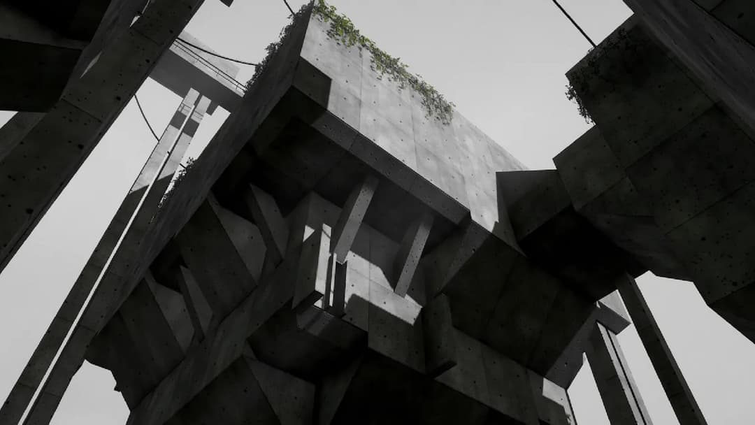 The image depicts a large, imposing concrete structure with a complex, angular design. The structure is primarily composed of concrete blocks and beams, with some sections appearing to be made of a different material, possibly metal. The concrete blocks are arranged in a way that creates a sense of depth and perspectiv