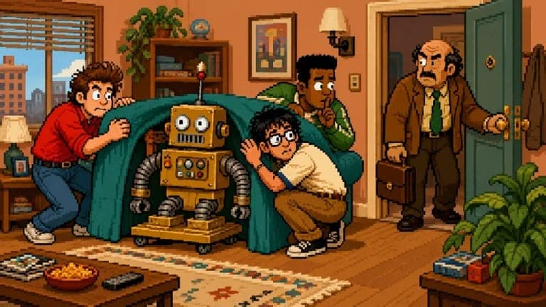 In this pixel art scene, a group of four characters are gathered in a living room. The room features a large window with blinds, a green armchair, a wooden coffee table, and a small plant. A yellow robot with a red light on its head is positioned in the center of the room, with a young boy crouching beside it. To the l