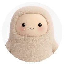 The image shows a plush toy with a beige, furry body and a face. The toy has two black eyes, a small black nose, and a simple, curved line for a mouth. It also has a few small, light pink/beige blush marks on its cheeks. The toy is positioned against a white background, which highlights its features. The toy is the sol