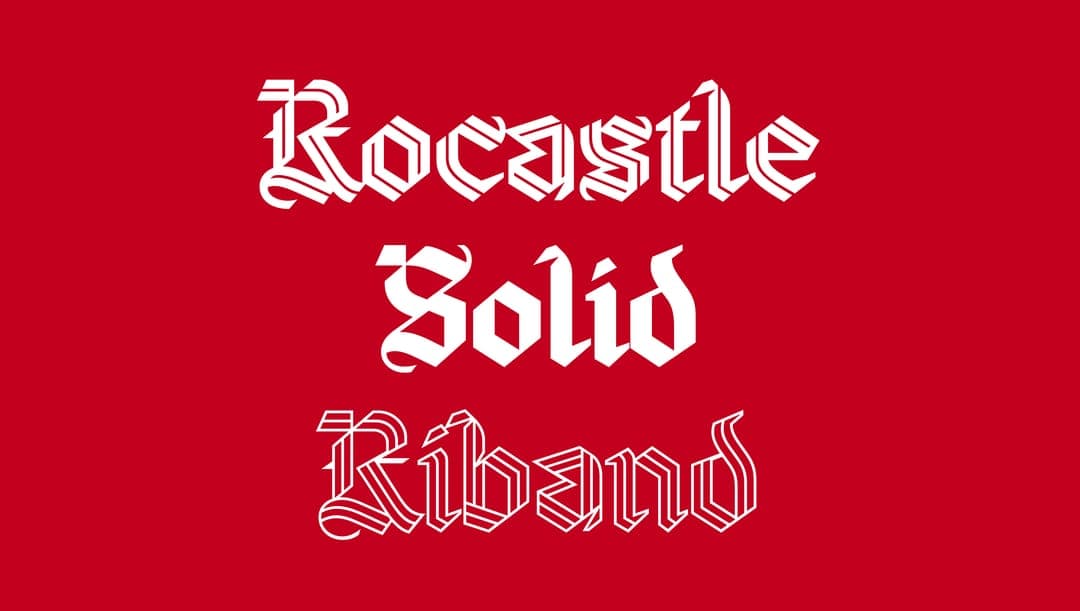 The image presents a striking contrast of white text against a vibrant red background. The text, styled in a Gothic font, reads "Rocastle Solid Riband". The words are arranged in a vertical stack, with "Rocastle" at the top, "Solid" in the middle, and "Riband" at the bottom. The text is centrally positioned, drawing th