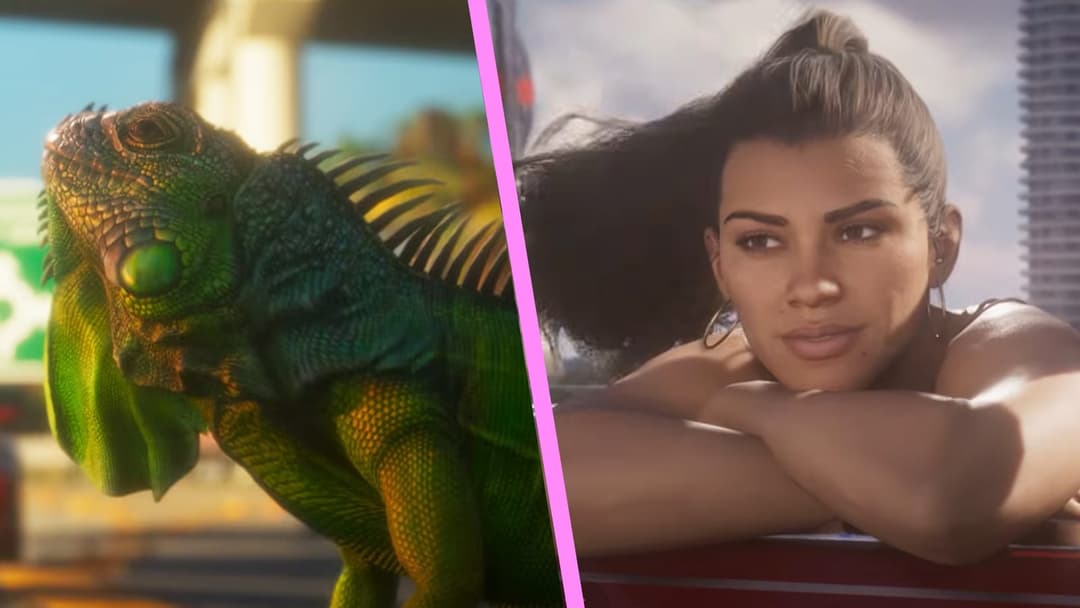 The image is a split-screen composition, with the left side featuring a close-up of a green iguana with a vibrant, textured skin and spiky scales. The right side shows a woman with dark brown hair pulled back in a ponytail, wearing a dark-colored top and large hoop earrings. She is leaning on a red surface, possibly a