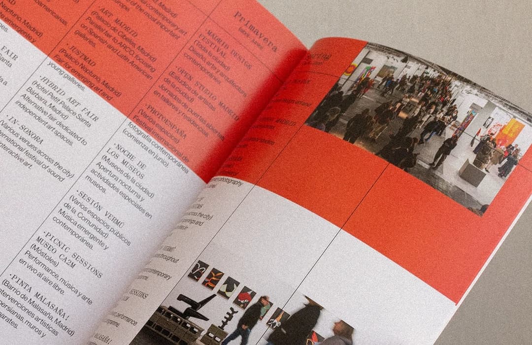 The image shows an open book with a striking red and white color scheme. The left page features a list of events and performances, including "Festival de Madrid", "Open Studio", "Festival de Madrid", "Lobos Muos", "Picnic Sessions", and "Sessions Verde". The right page showcases a photograph of a bustling art gallery,