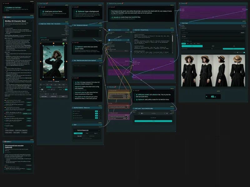 Screenshot of a ComfyUI node-graph workflow titled "MiniMax H3 Character Sheet" by AusBoss, showing an input photo, prompt and model nodes, and a result preview of four black-dress character views.