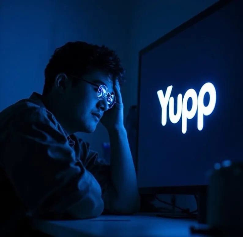 A young man wearing glasses rests his hand on his head in a dim room lit by blue light from a monitor displaying the glowing white word "Yupp".