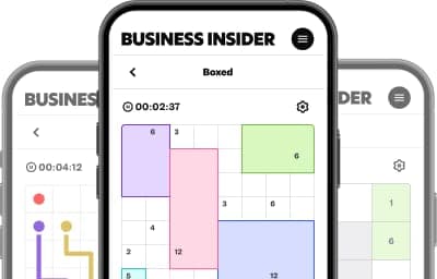The image shows three smartphones displaying a business insider app. The app features a grid-like interface with colored squares, including purple, pink, and green. The top of each screen displays the app's name, "Business Insider", and a button labeled "Boxed". The bottom of each screen shows a timer displaying "00:02