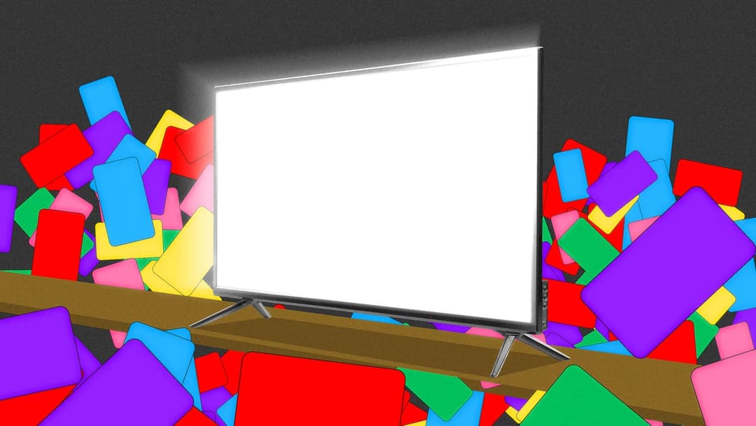 The image presents a scene of a television set placed on a wooden shelf. The television is positioned centrally, with its screen glowing brightly. The television is surrounded by a multitude of colorful, square-shaped objects, which appear to be pieces of paper or cards, scattered around the television. The objects are