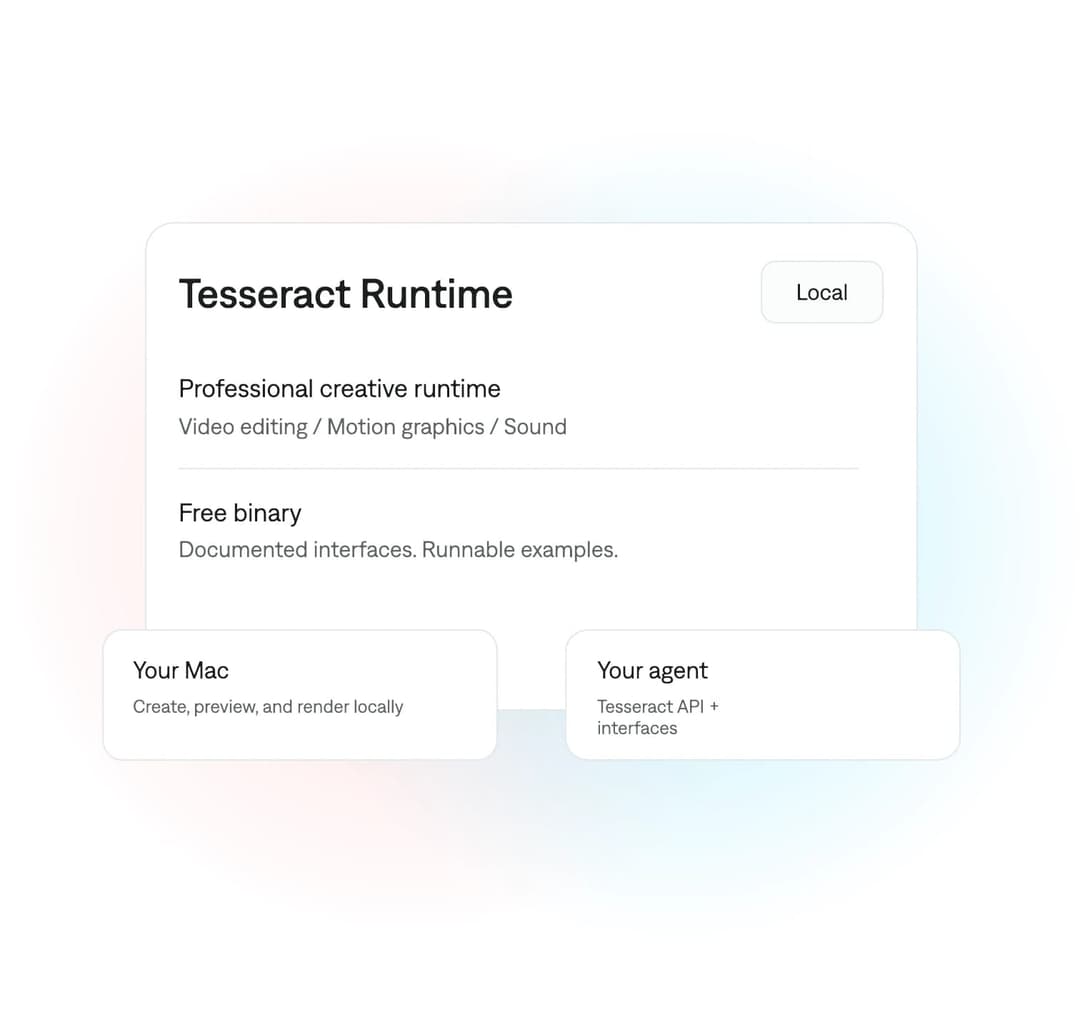 The image presents a Tesseract Runtime interface, a digital document that allows users to create, preview, and render locally. The interface is primarily white with a light blue gradient background. It features a button labeled "Local" on the right side and a text box on the left side, which contains the following info
