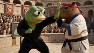 The image shows two animated characters engaged in a martial arts fight in a large arena. The character on the left is a green frog wearing a black martial arts uniform, with a determined expression. The character on the right is a brown bear wearing a white martial arts uniform with a blue belt and a red headband, wit