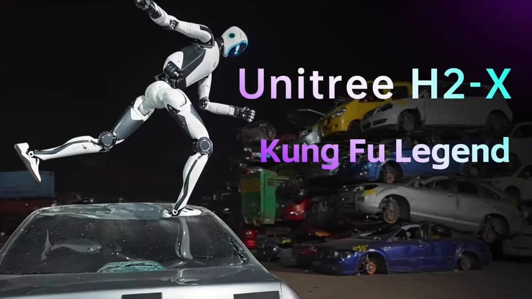 The image shows a robot in a dynamic pose, appearing to be in motion, possibly falling or jumping from a damaged silver car. The robot is wearing a white and black suit with a blue head and is positioned on the roof of the car. The background is a collection of damaged cars, including a yellow car, a white car, and a b