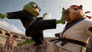 The image depicts a scene from a video game, featuring two animated characters engaged in a dynamic fight. The character on the left is a green frog wearing a black martial arts uniform, mid-kick. The character on the right is a brown capybara wearing a white martial arts uniform with a blue belt, also in a fighting st