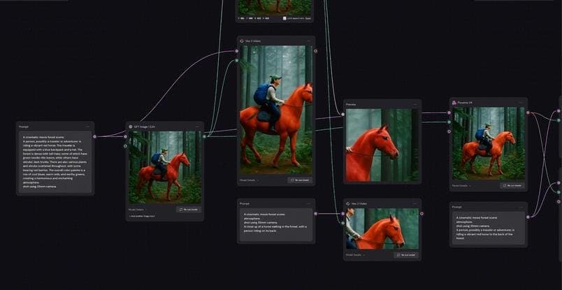 The image presents a collage of six screenshots, each featuring a person riding a vibrant red horse in a forest setting. The person is wearing a blue backpack and a dark-colored hat. The forest is depicted in a realistic style, with tall trees and a dark, possibly damp, ground. The screenshots are arranged in a grid-li