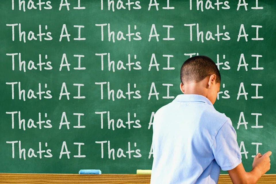 The image shows a young boy seated at a wooden desk in front of a green chalkboard. The boy is wearing a light blue shirt and is focused on writing on the chalkboard. The chalkboard is filled with the repeated phrase "That's AI That's AI", written in white chalk. The boy is positioned in the right side of the image, wi