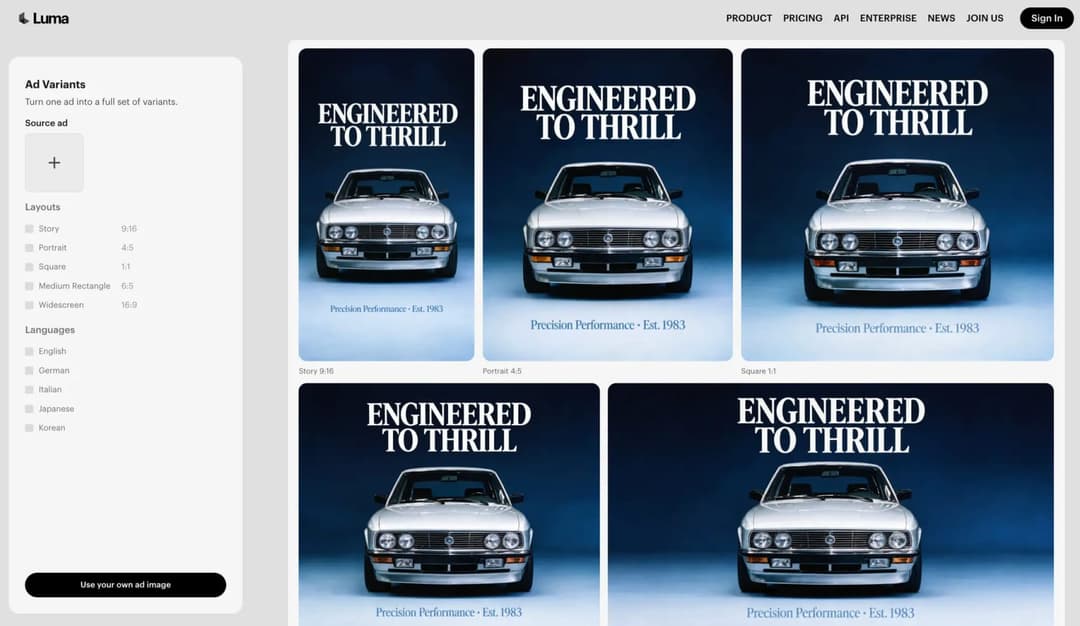 The image showcases a digital advertisement for a car, likely a vintage model, from the Precision Performance brand. The advertisement features a collage of four images, each showcasing a different angle of the car. The car is a light gray or silver color and is presented in a studio setting against a dark blue backgro