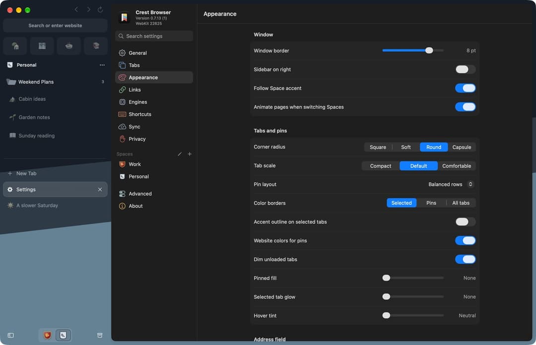 The image shows the "Appearance" tab of the "Crest Browser" application. The window is currently set to "Tabs" and "Appearance" in the "Appearance" tab. The window's title bar displays "Crest Browser" and "Crest Browser 2.713 (1/1)". The window's toolbar features icons for "Weekend Plans", "Calendar", "Garden notes", "