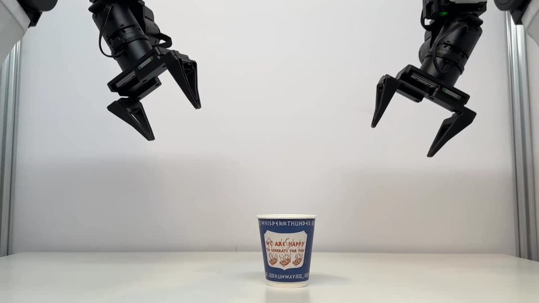 The image shows a black robotic arm with two articulated arms extending towards the right side of the frame. The arm is positioned above a white table, which is the central focus of the image. On the table, there is a blue cup with a white lid, featuring a white logo and text that reads "We are happy to generate for yo
