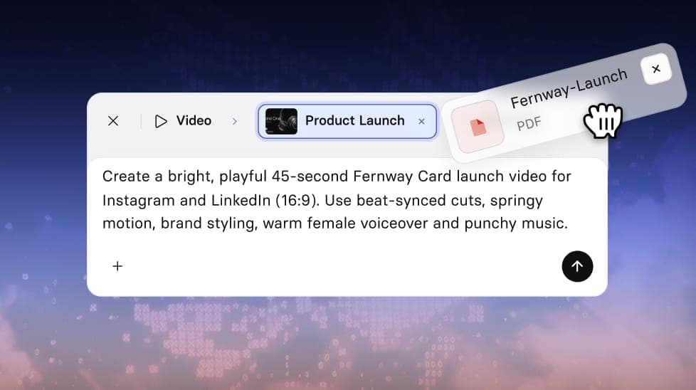 The image shows a screenshot of a computer screen displaying a video player interface. The video player is currently playing a video titled "Fernway-Card launch video for Instagram and LinkedIn (16:9)". The video has a duration of 45 seconds and features a mix of beat-synced cuts, springy motion, brand styling, warm fe