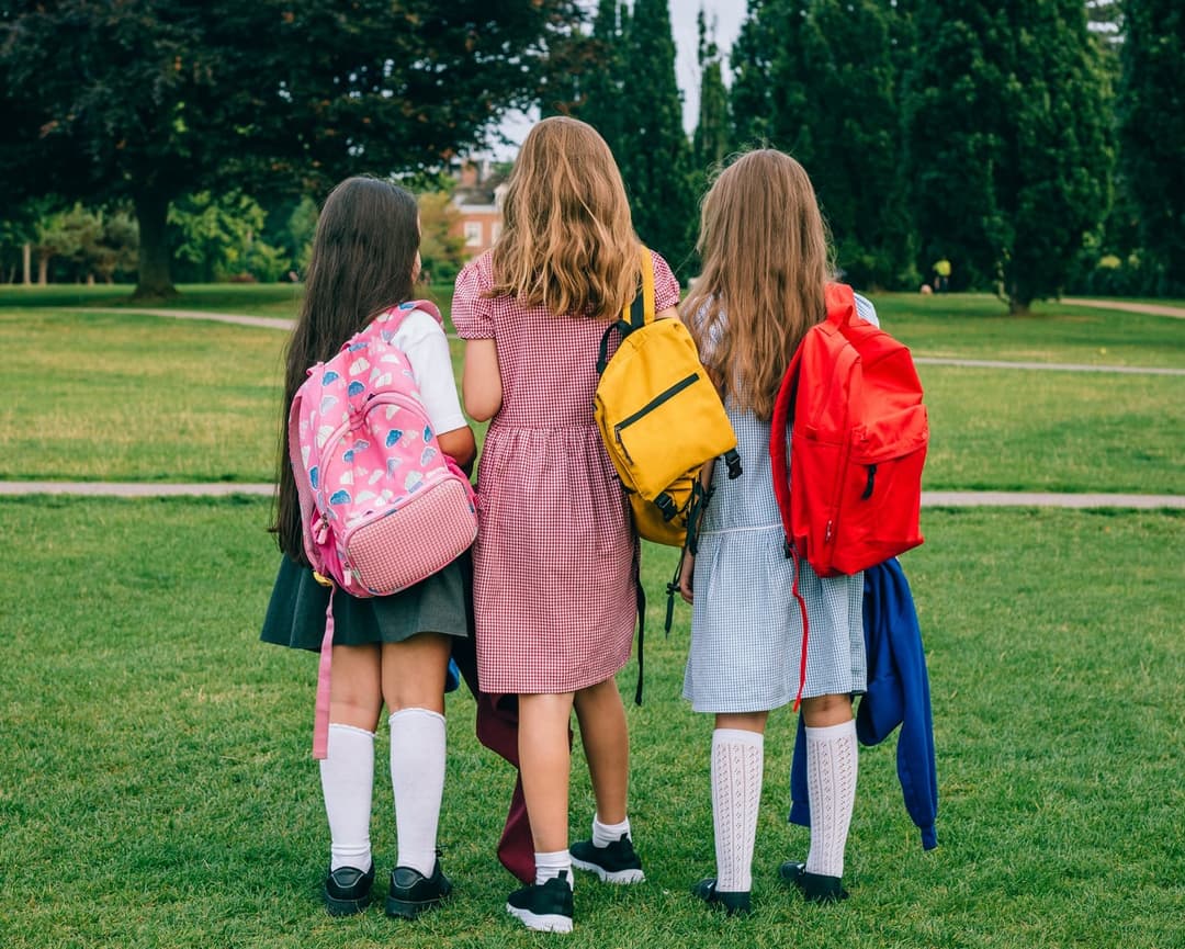The image shows three young girls standing on a grassy field, facing away from the camera. They are wearing school uniforms, with the girl on the left wearing a pink dress and white socks, the girl in the middle wearing a pink dress and white socks, and the girl on the right wearing a blue dress and white socks. Each g