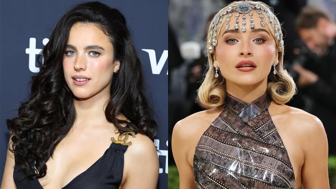 The image presents a split view of two women, each wearing a different outfit. On the left, a woman with long, dark brown hair is seen wearing a black dress with a gold Chanel brooch on the shoulder. On the right, a woman with blonde hair is wearing a black and silver sequined halter top with a jeweled headpiece. The b