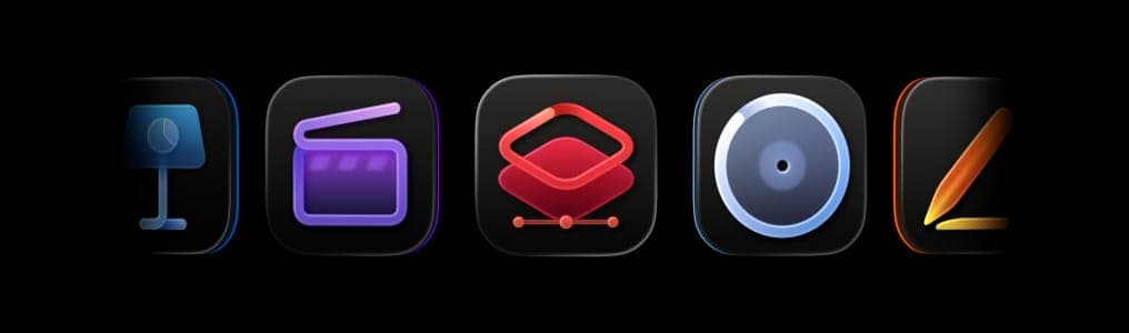 The image presents a row of five app icons, each distinct in its design and color, set against a black background. The first icon is a blue light bar, the second is a purple film reel, the third is a red rectangle with a white border, the fourth is a gray circle with a white border, and the fifth is a yellow pencil. Th