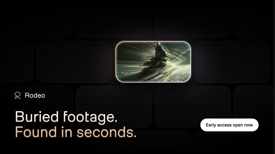 The image is a digital advertisement for Rodeo, a company that specializes in creating animated content. The advertisement features a black background with a white border, and a white rectangle containing a vibrant image of a person snowboarding. The text "Buried footage. Found in seconds" is displayed in a white font,