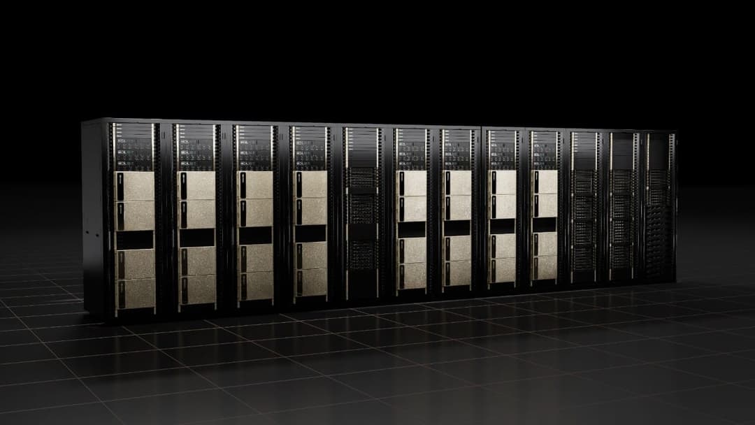 The image presents a row of identical black server racks, each adorned with gold accents, neatly arranged in a grid-like pattern against a stark black background. The racks are positioned on a dark gray or black floor, creating a sense of symmetry and order. The perspective of the image is from the side, providing a cl